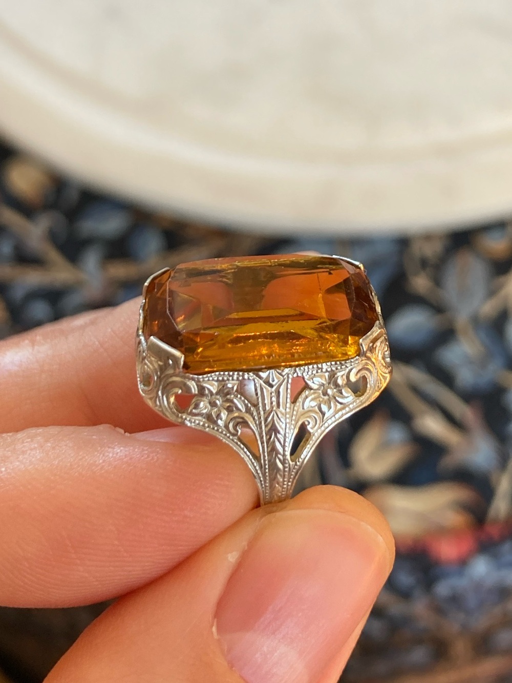 Antique Art Deco Ostby Barton Citrine Glass Sterling Filagree Ring
